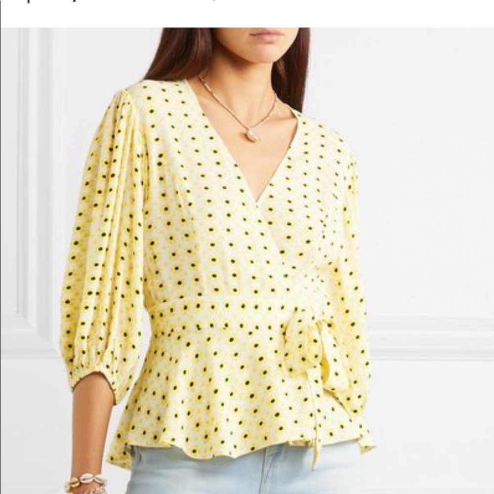 Ganni- Classic yellow print wrap blouse